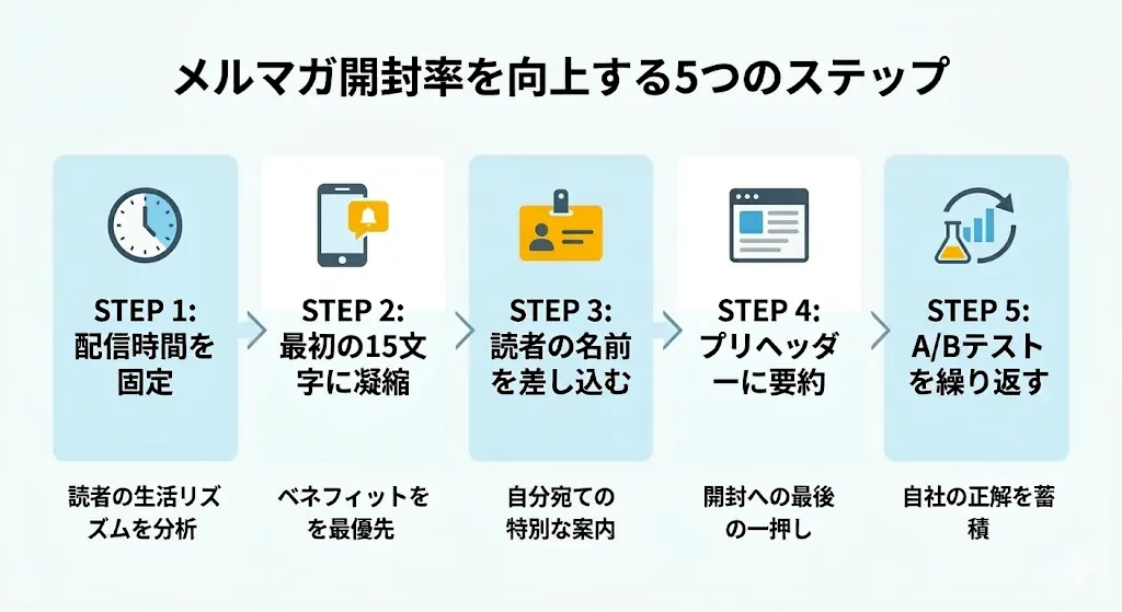 メルマガ開封率を向上する5つのステップの概要図