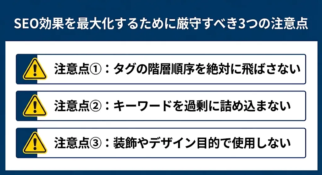 SEO効果を最大化するために厳守すべき3つの注意点の概要図