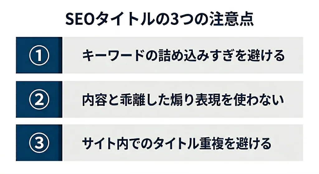SEOタイトルの3つの注意点の概要図
